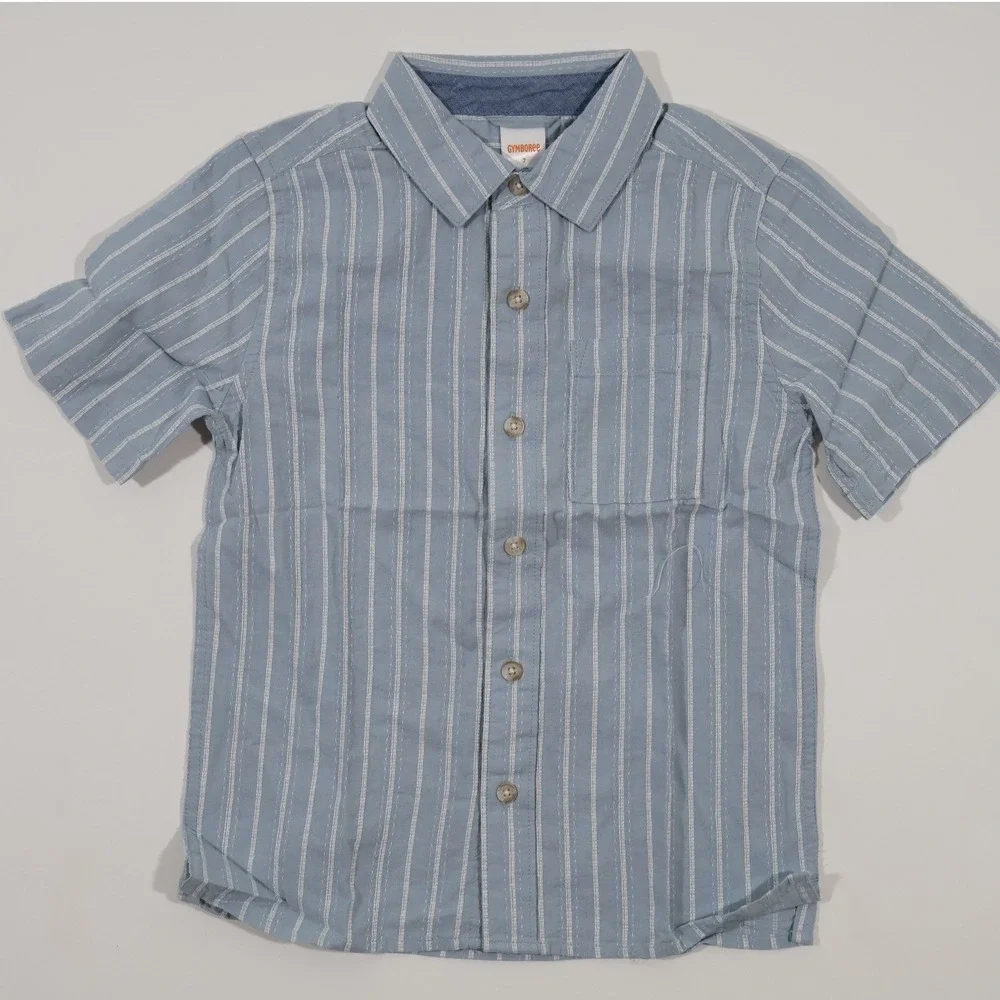 Gymboree Short Sleeve Button Down Shirt Blue White Striped Size 7 NEW